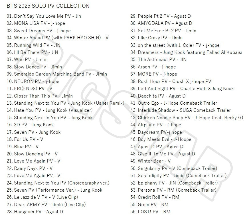 K-POP DVD/ バンタン 2025 SOLO PV COLLECTION★RM ジン JIN シュガ SUGA ジェイホープ J-HOPE ジミン JIMIN ブイ V ジョングク JUNGKOOK