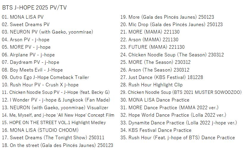 K-POP DVD/ バンタン J-HOPE 2025 PV/TV★MONA LISA Sweet Dreams ON THE STREET Arson NEURON/ バンタン J-HOPE ジェイホープ ホソク