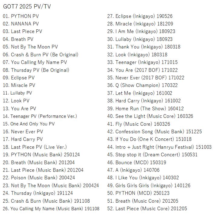 K-POP DVD/ GOT7 2025 PV/TV★PYTHON NANANA LAST PIECE NOT BY THE MOON You Calling My Name ECLIPSE Miracle Lullaby/ GOT7