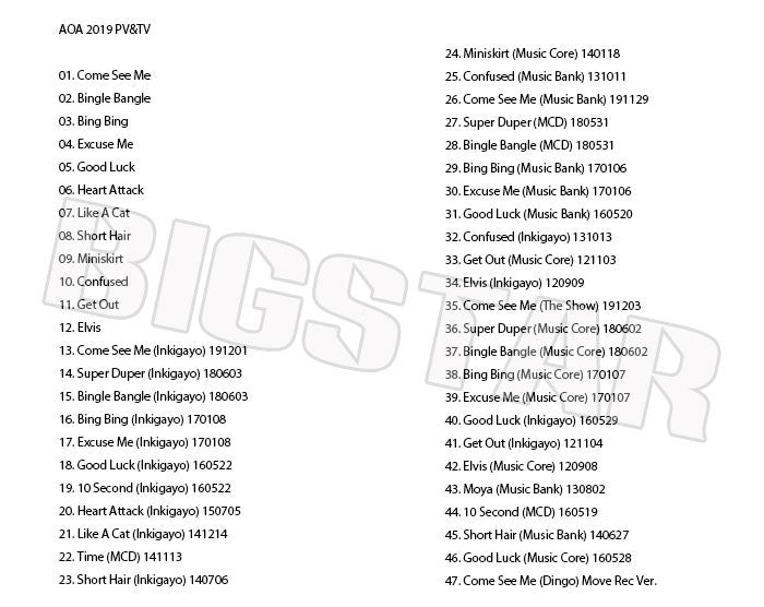 K-POP DVD/ AOA 2019 PV&TV セレクト★Come See Me Bingle Bangle Bing Bing/エーオーエー ソルヒョン へジョン チャンミ ユナ ミナ ジミン ユギョン