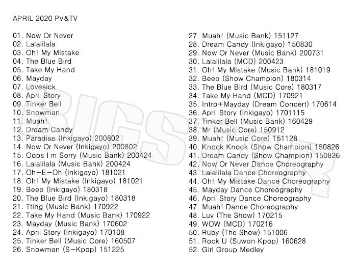 K-POP DVD/ April 2020 PV&TV セレクト★Now or Never Lalalilala Oh! My Mistake The Blue Bird/ エイプリル チョンソミン チェウォン ヒョンジュ ナウン..
