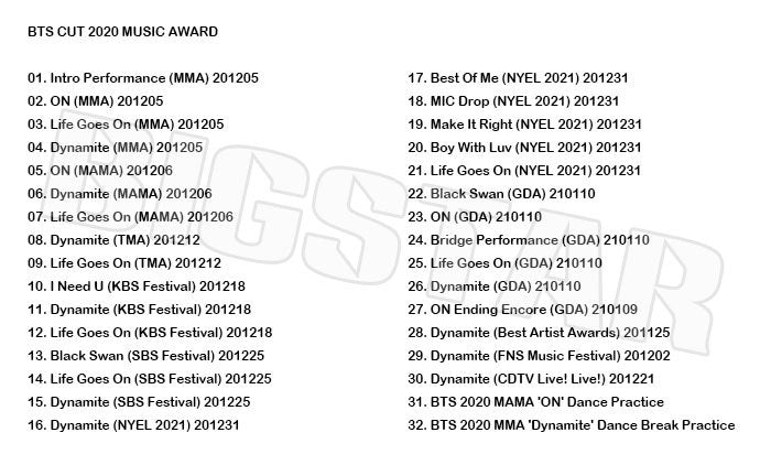 K-POP DVD/ バンタン 2020 MUSIC AWARD CUT/ MAMA MMA KBS SBS GDA 他/ 防弾 ラップモンスター シュガ ジン ジェイホープ ジミン ブィ ジョングク