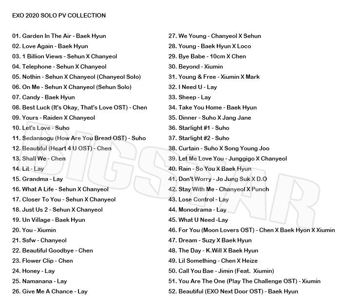 K-POP DVD/ EXO 2020 SOLO PV COLLECTION/ エクソ スホ チャンヨル ベクヒョン ディオ シウミン チェン カイ セフン レイ KPOP DVD