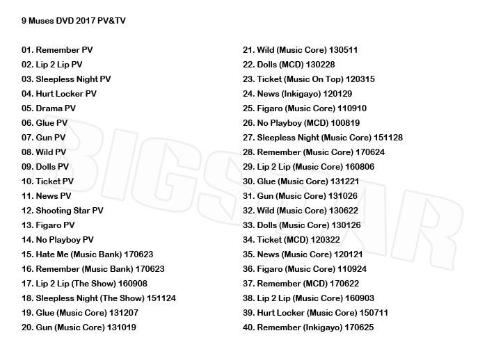 K-POP DVD/ Nine Muses 2017 PV&TVセレクト★Remember Lip 2 Lip Sleepless Night Hurt Locker Drama/ナインミュージス ソンア キョンリ ヘミ..